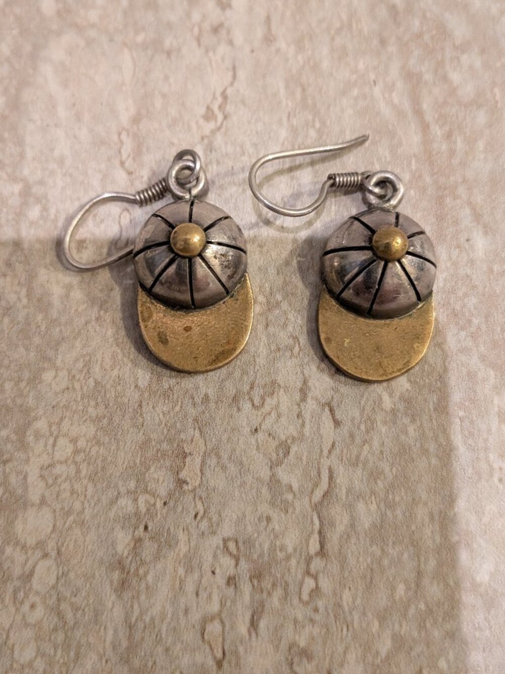 Vintage Earrings 925 STERLING SILVER Brass Dangle Baseball Cap